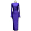 Solid Slim Fitted Maxi Dress/Color Neck Square/Shoulder Bell Sleeve/Ruched Knitted/Thin Ankle-Length for Bodycon Dress.
