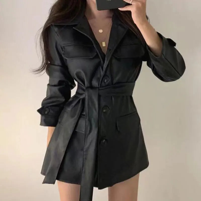 Black Faux Leather Trench Coat Dress with Belt – Chic Women’s Jacket