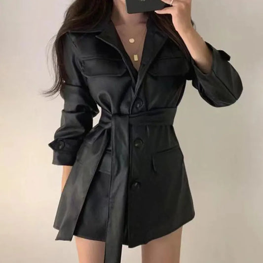 Black Faux Leather Trench Coat Dress with Belt – Chic Women’s Jacket