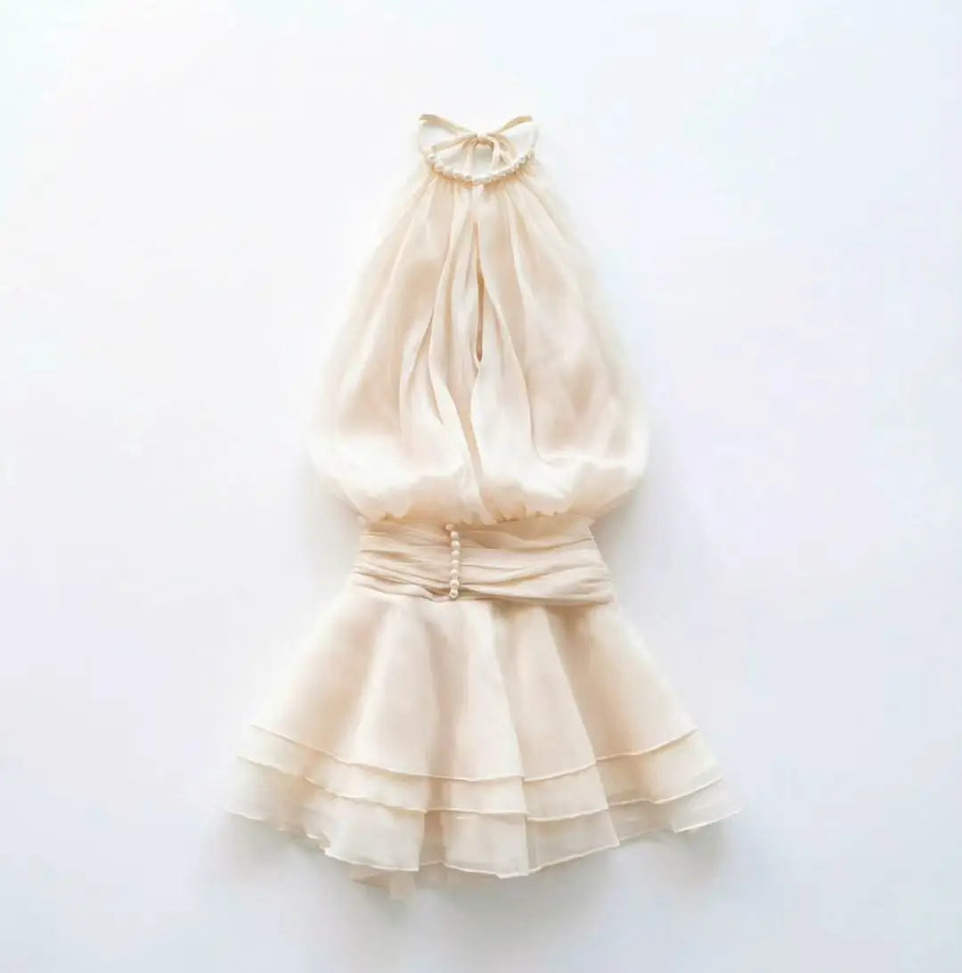 Elegant Pink Pearl Halter Mini Dress for Women – Sleeveless Layered Ruffle Chiffon A-Line Party Dress