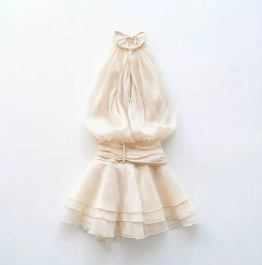 Elegant Pink Pearl Halter Mini Dress for Women – Sleeveless Layered Ruffle Chiffon A-Line Party Dress