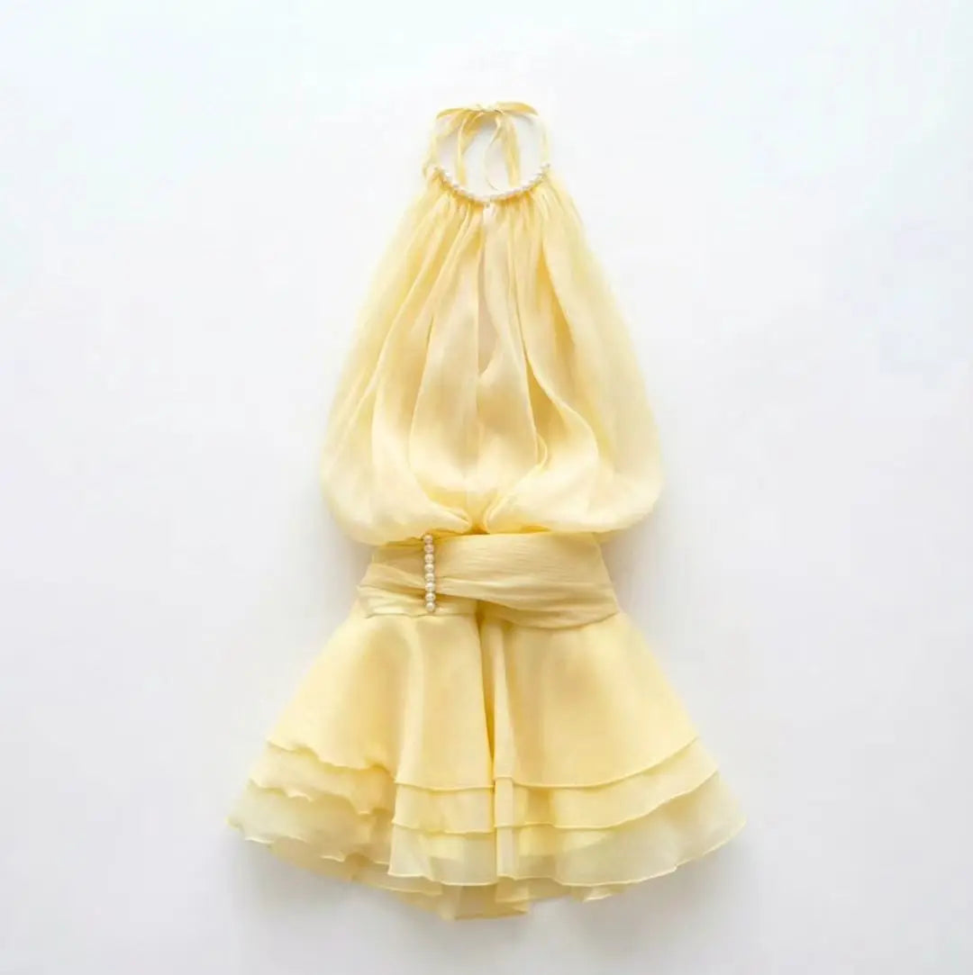 Elegant Pink Pearl Halter Mini Dress for Women – Sleeveless Layered Ruffle Chiffon A-Line Party Dress