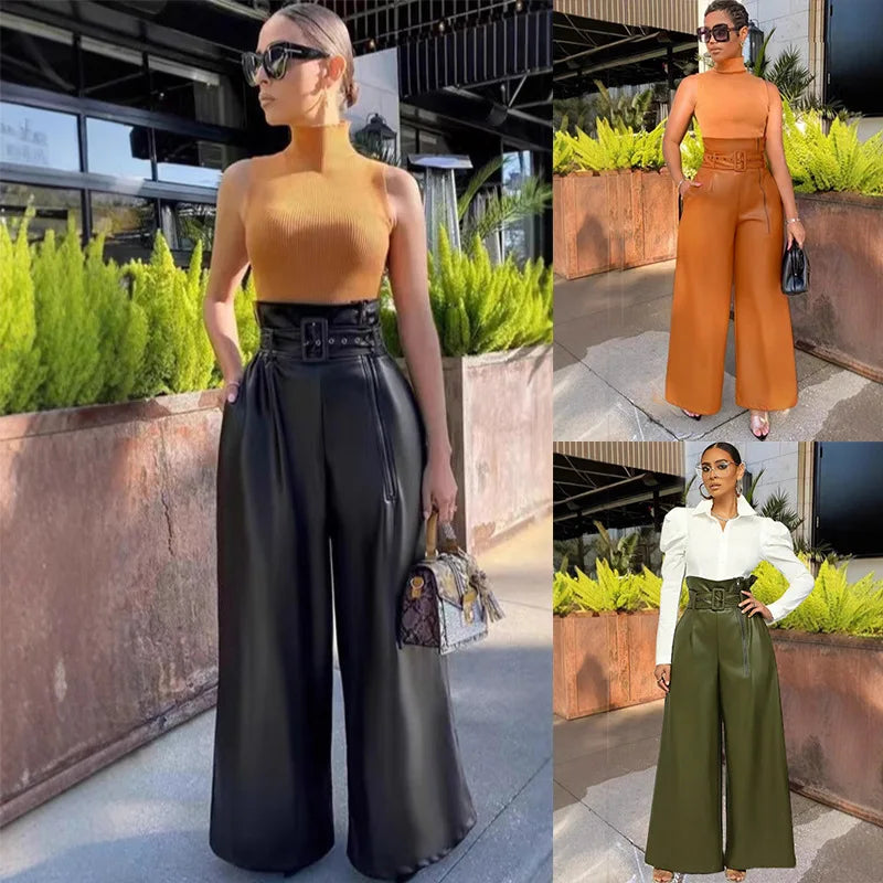 Luxury Olive Green High-Waist Belted Wide-Leg Trousers – Elegant PU Leather Paperbag Pants for Women with Statement Belt