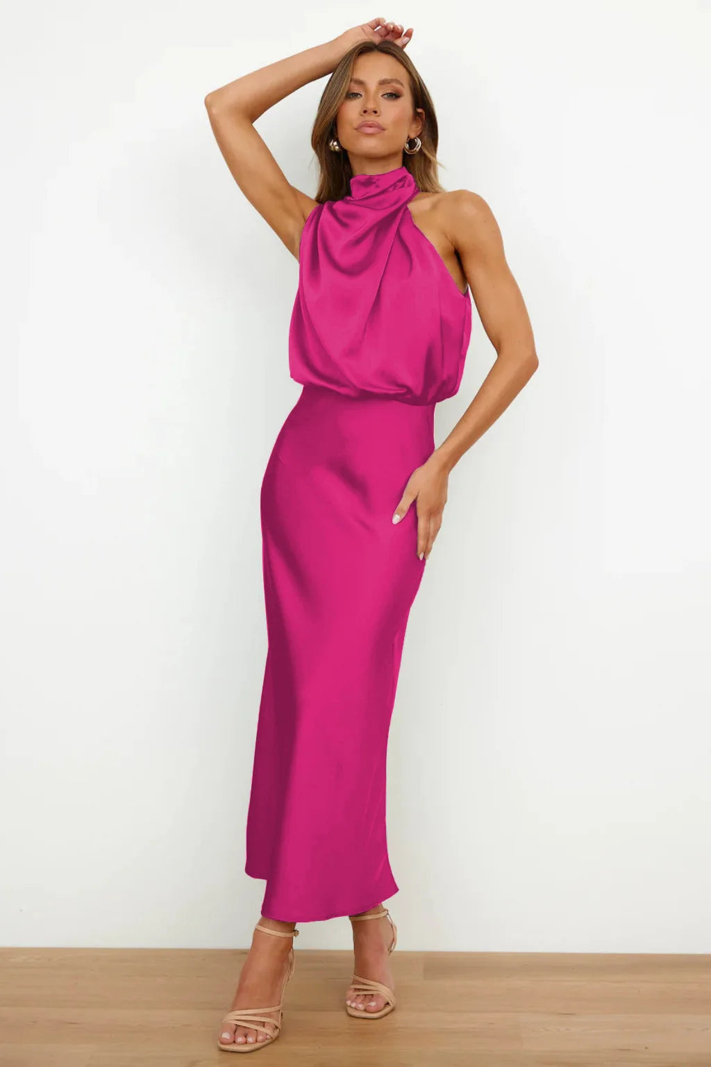 Elegant Satin Halter Midi Dress for Women – Luxury High Neck Sleeveless A-Line Party & Wedding Guest Dress | Modern Blend Boutique