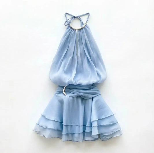 Elegant Pink Pearl Halter Mini Dress for Women – Sleeveless Layered Ruffle Chiffon A-Line Party Dress