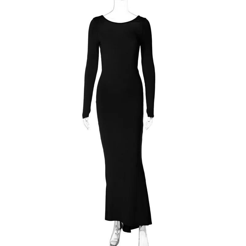 Long-Sleeve Backless Bodycon Maxi Dress Solid Cuched Sexy Design/Natural Digital.