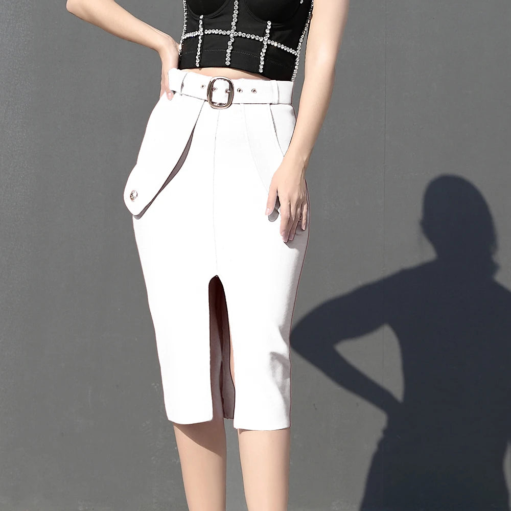 Lace up knotted Skirt/Solid Bodycon/High Waist Bandage Skirt Knee Length Midi Pencil Office Party Club Elegant Skirts Clothing