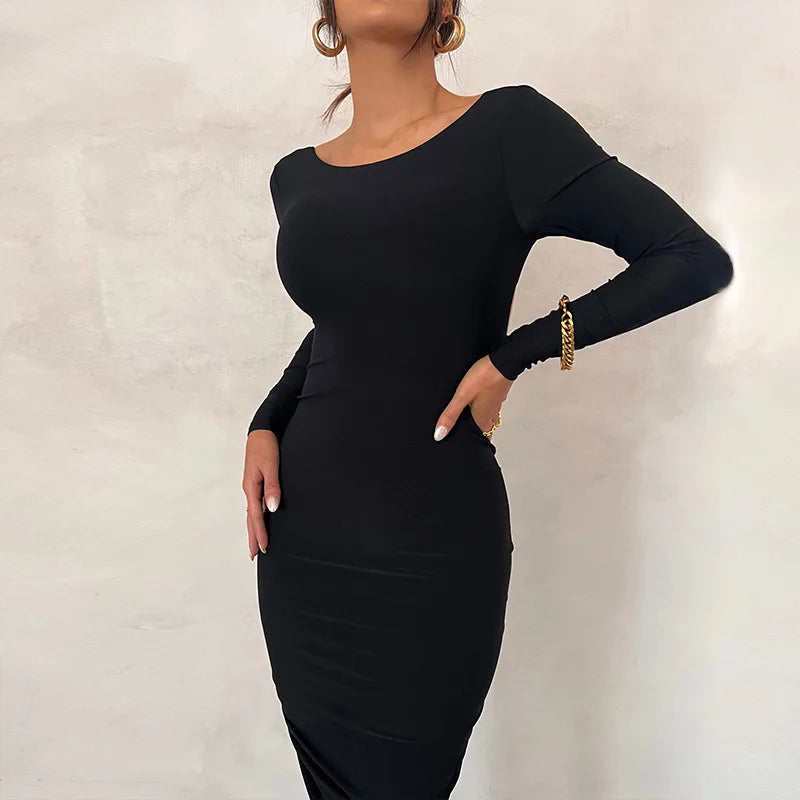 Long-Sleeve Backless Bodycon Maxi Dress Solid Cuched Sexy Design/Natural Digital.
