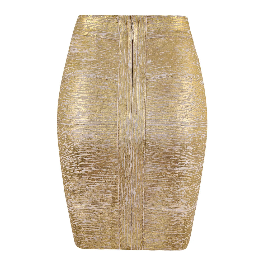 Gold Metallic High-Waist Bodycon Midi Skirt for Women – Stretch Fitted Pencil Skirt