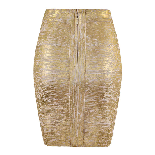 Gold Metallic High-Waist Bodycon Midi Skirt for Women – Stretch Fitted Pencil Skirt