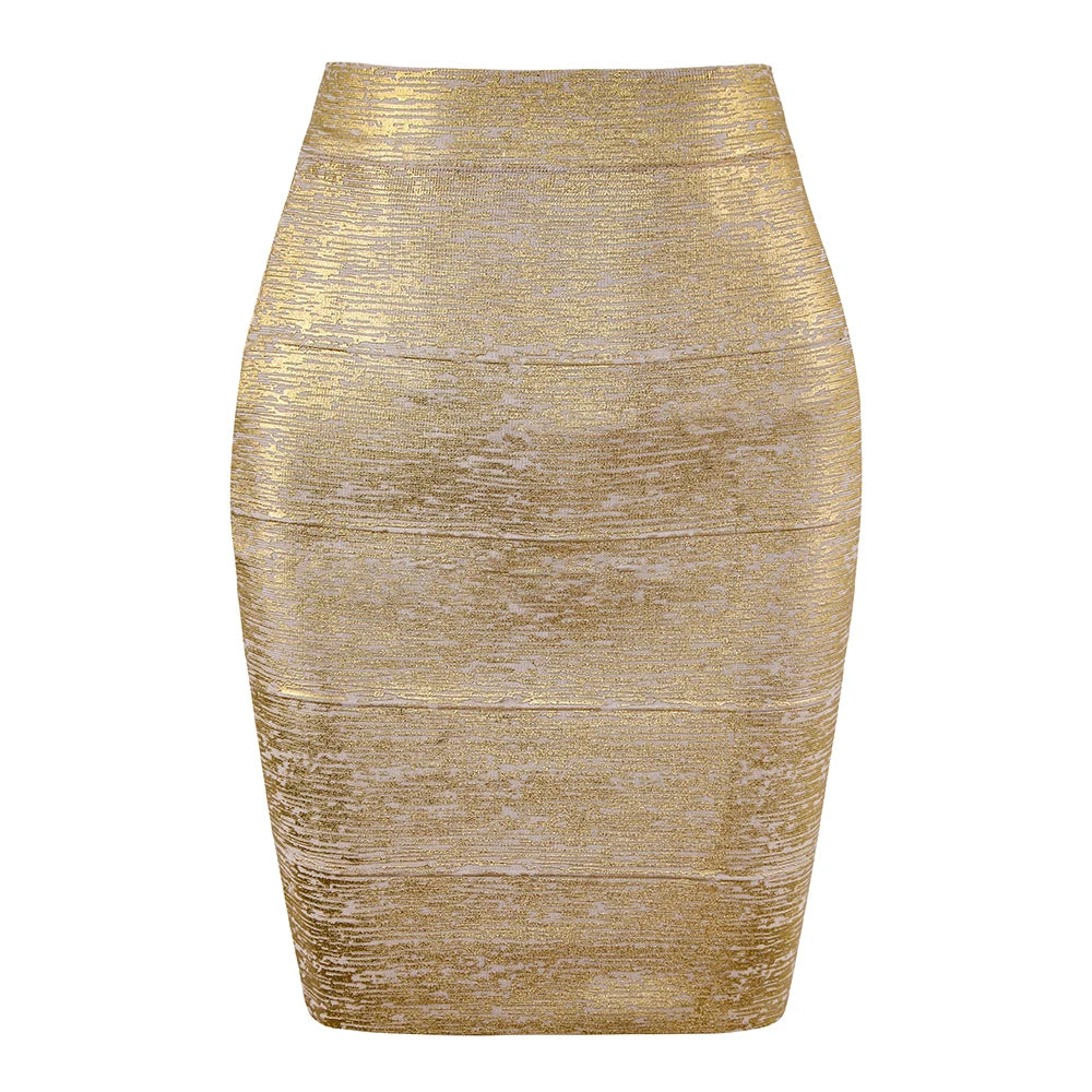 Gold Metallic High-Waist Bodycon Midi Skirt for Women – Stretch Fitted Pencil Skirt