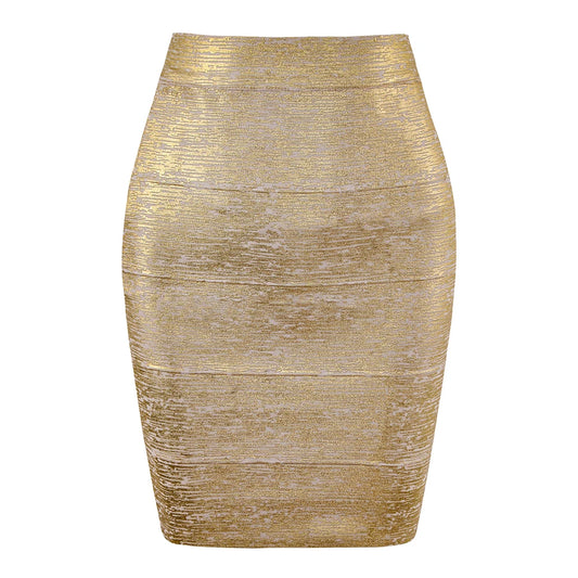 Gold Metallic High-Waist Bodycon Midi Skirt for Women – Stretch Fitted Pencil Skirt