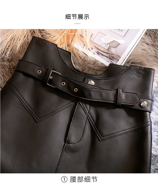 Women’s Genuine Sheepskin Leather Mini Skirt – High Waist Belted Office Chic Skirt