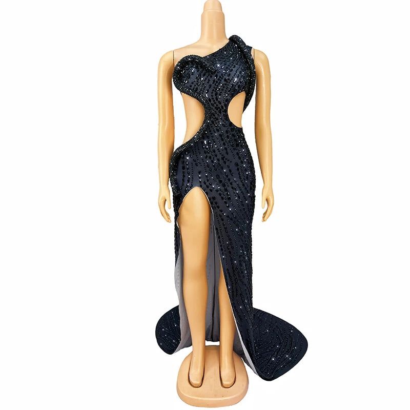 Novance Sparkle Rhinestones Dress/One Shoulder Slit Evening Dress/Floor Length Backless Slit Luxury Event Dress.