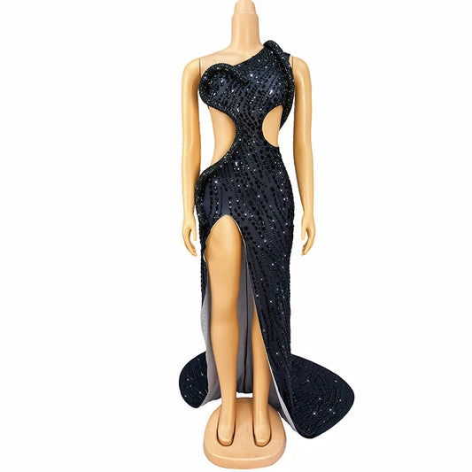 Novance Sparkle Rhinestones Dress/One Shoulder Slit Evening Dress/Floor Length Backless Slit Luxury Event Dress.