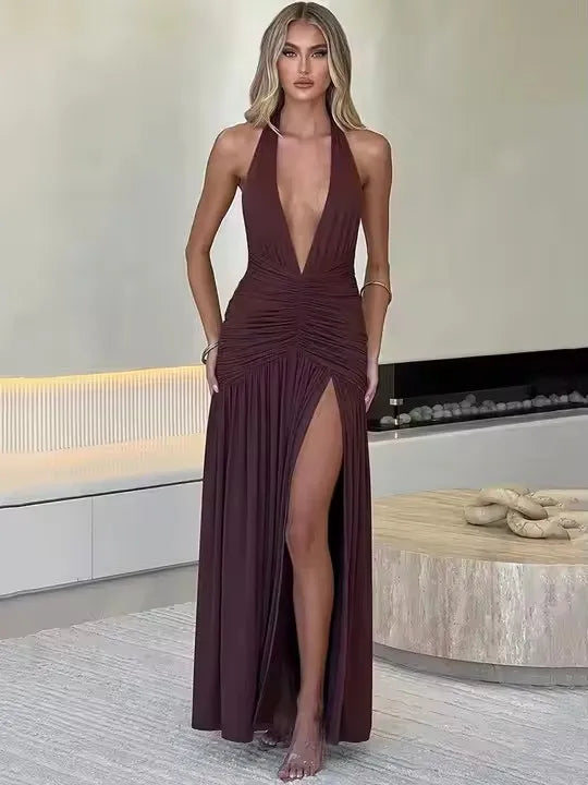Long Halter Maxi Dress/Deep V Neck Backless Maxi Dress/Solid Sleeveless Thigh/High Split Dress/All Occasional.