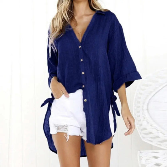 Oversized Button Down Blouses/Linen Shirts Women/Irregular Hem Belt Buttons Top/Woman Turn Down Collar.
