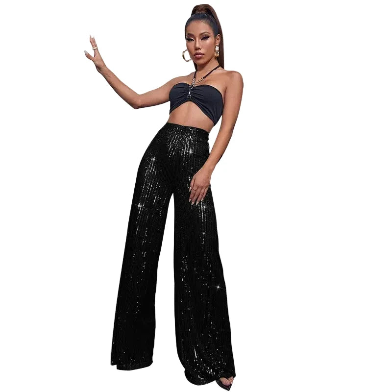 Elegant High-Waist Sequin Wide Leg Pants – Luxury Evening Statement Trousers for Women | Modern Blend Boutique