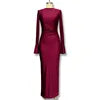 Solid Slim Fitted Maxi Dress/Color Neck Square/Shoulder Bell Sleeve/Ruched Knitted/Thin Ankle-Length for Bodycon Dress.