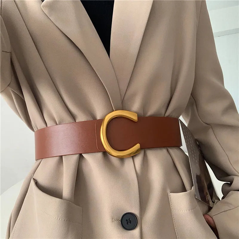 Big Buckle Vintage Belts For Women/New Black Waistband’s/Fashion Brown Wide PU Leather Waist Strap Coat.