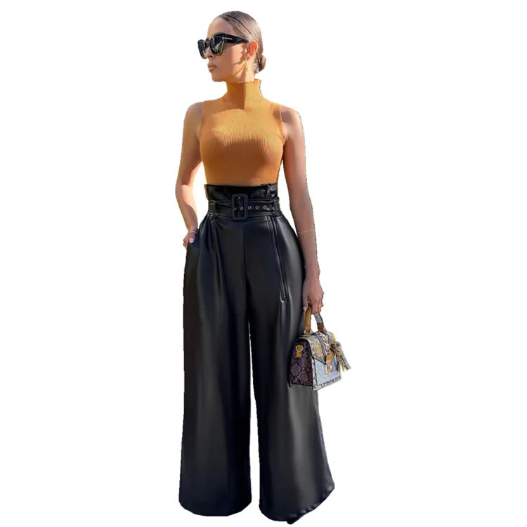 Luxury Olive Green High-Waist Belted Wide-Leg Trousers – Elegant PU Leather Paperbag Pants for Women with Statement Belt