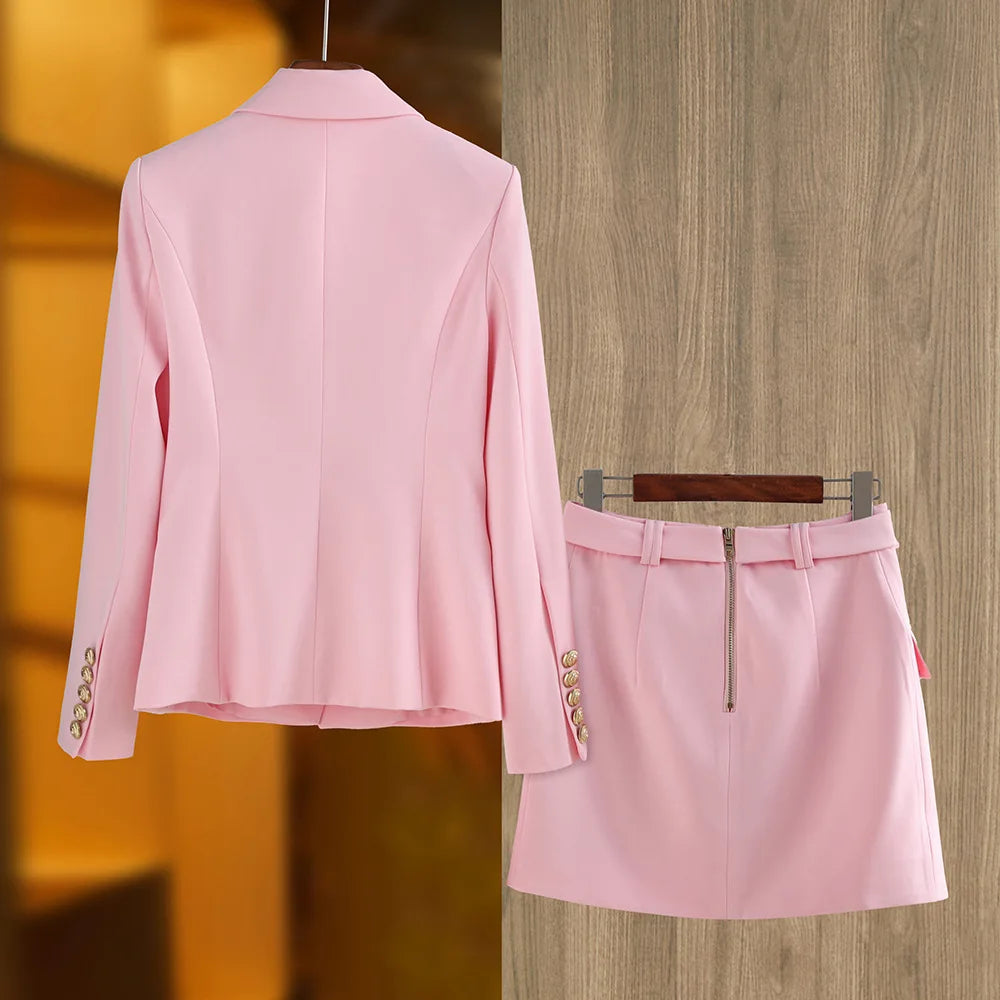 New Arrival Elegant Blossom Pink Office Work Suit/Double-breasted Long Sleeve Fitted Blazer/A-line Pencil Mini Skirt Women 2Pcs Set.