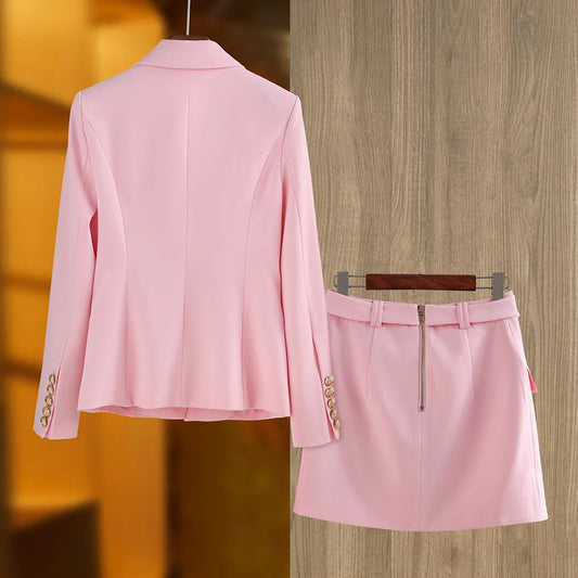 New Arrival Elegant Blossom Pink Office Work Suit/Double-breasted Long Sleeve Fitted Blazer/A-line Pencil Mini Skirt Women 2Pcs Set.