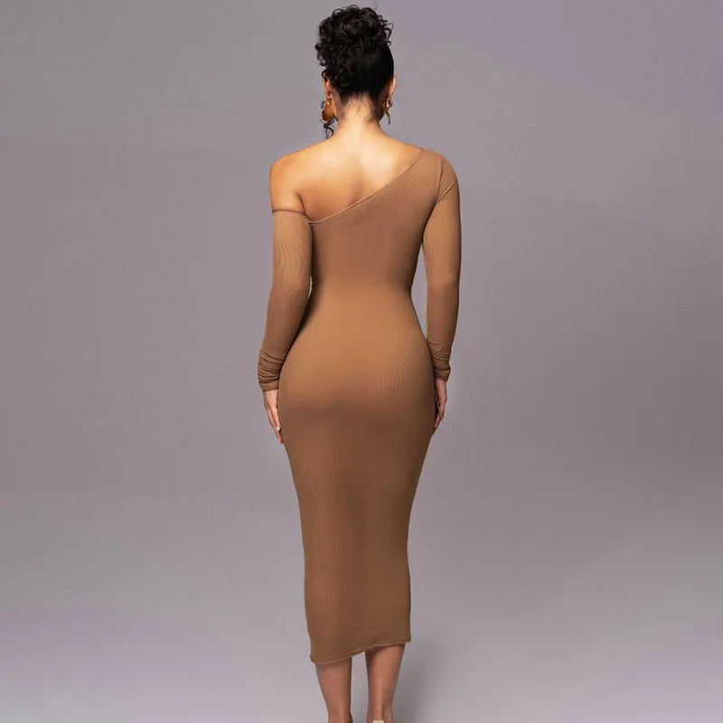 Elegant One-Shoulder Ruched Midi Dress – Sculpted Silhouette Luxury Dress