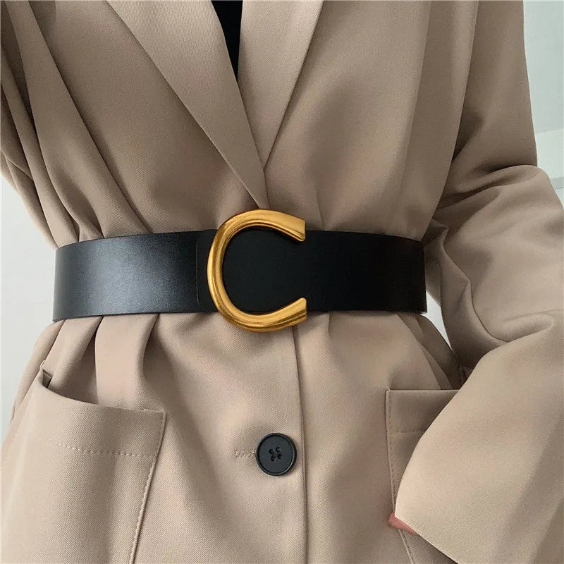 Big Buckle Vintage Belts For Women/New Black Waistband’s/Fashion Brown Wide PU Leather Waist Strap Coat.