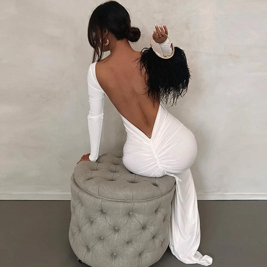 Long-Sleeve Backless Bodycon Maxi Dress Solid Cuched Sexy Design/Natural Digital.