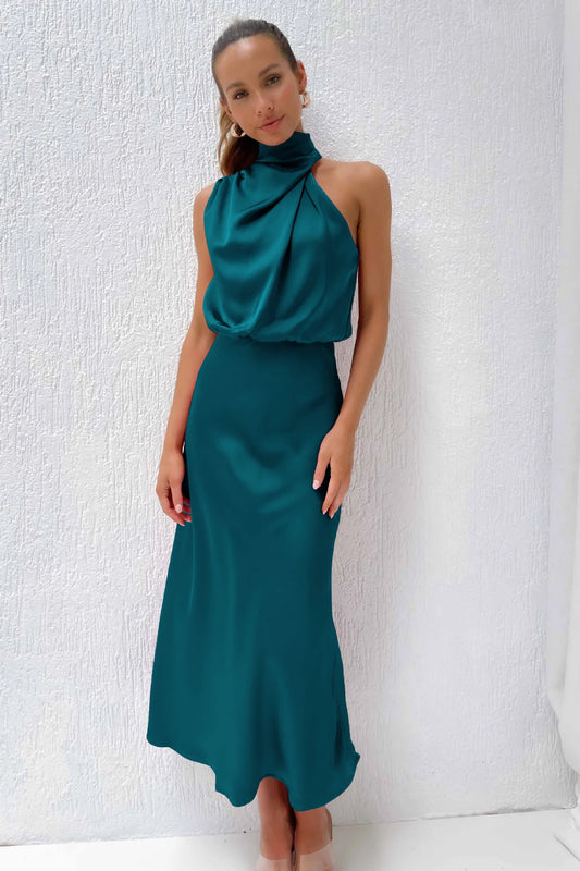 Elegant Satin Halter Midi Dress for Women – Luxury High Neck Sleeveless A-Line Party & Wedding Guest Dress | Modern Blend Boutique