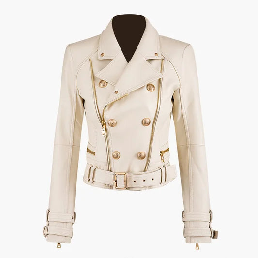 Leather jacket female Locomotive style double breasted pu leather outerwear leather jackets, zipper stitching.