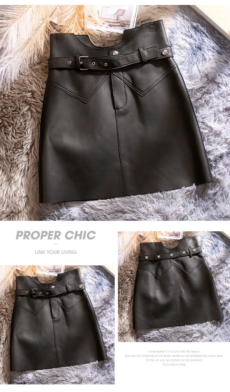 Women’s Genuine Sheepskin Leather Mini Skirt – High Waist Belted Office Chic Skirt
