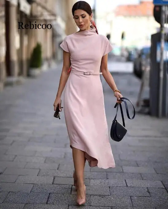 Short Sleeve Solid Midi Dress/England Style Chic Wear/Asymmetrical Dress/Solid Cow Neck Designed/Daywear Dress/Belt not Included.