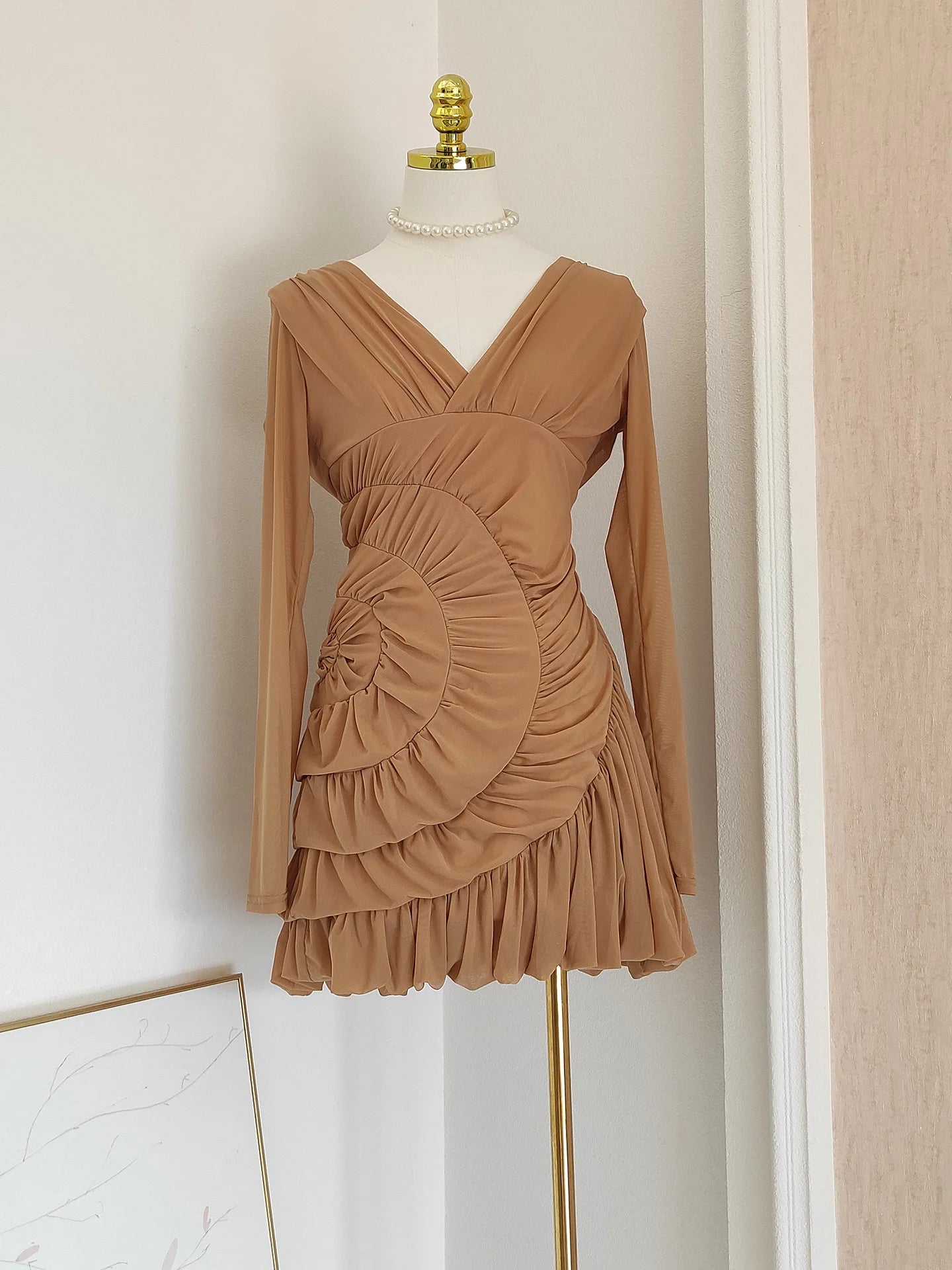 Luxury Nude Ruched Long Sleeve Mini Dress with V-Neck & Draped Detail | Modern Blend Boutique