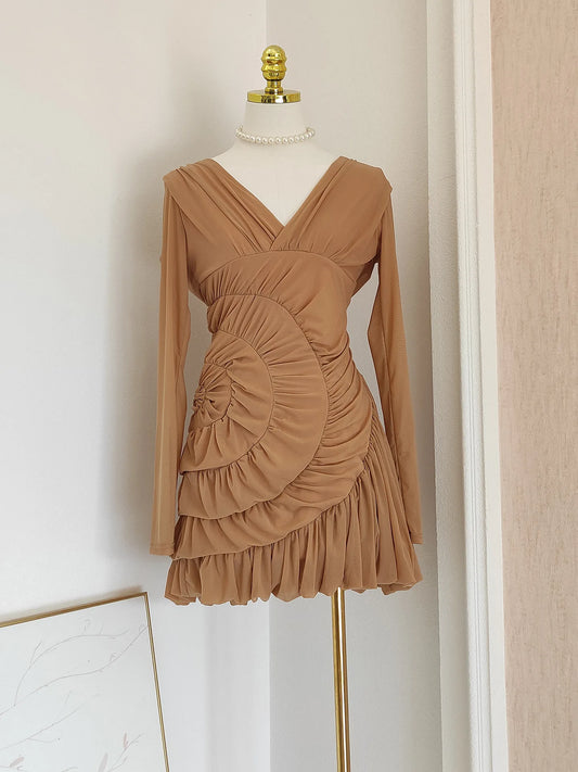 Luxury Nude Ruched Long Sleeve Mini Dress with V-Neck & Draped Detail | Modern Blend Boutique