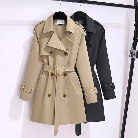 Classic Double-Breasted Belted Trench Coat for Women | Elegant Long Coat – Beige & Black
