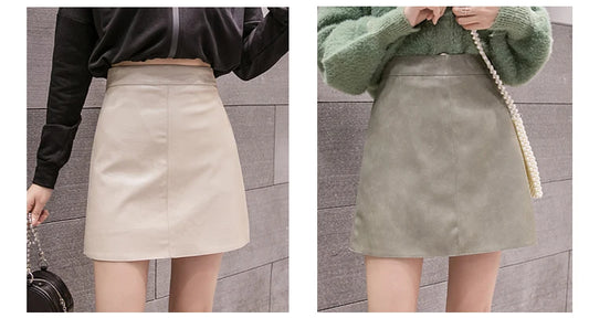 High-Waist Faux Leather & Suede A-Line Mini Skirt – Slim Fit Elegant Skirt for Women