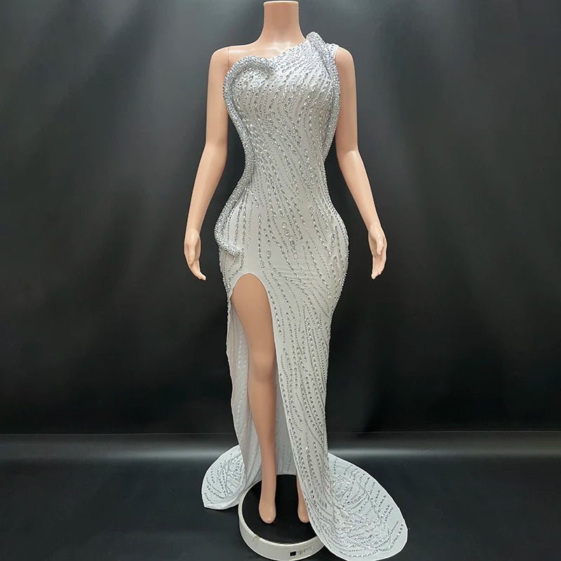 Novance Sparkle Rhinestones Dress/One Shoulder Slit Evening Dress/Floor Length Backless Slit Luxury Event Dress.