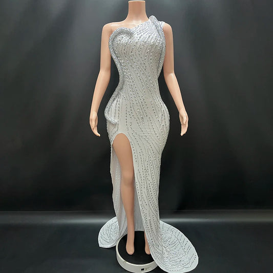 Novance Sparkle Rhinestones Dress/One Shoulder Slit Evening Dress/Floor Length Backless Slit Luxury Event Dress.