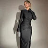 Solid Slim Fitted Maxi Dress/Color Neck Square/Shoulder Bell Sleeve/Ruched Knitted/Thin Ankle-Length for Bodycon Dress.