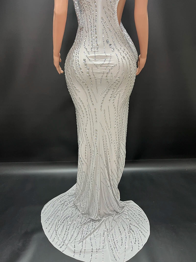 Novance Sparkle Rhinestones Dress/One Shoulder Slit Evening Dress/Floor Length Backless Slit Luxury Event Dress.