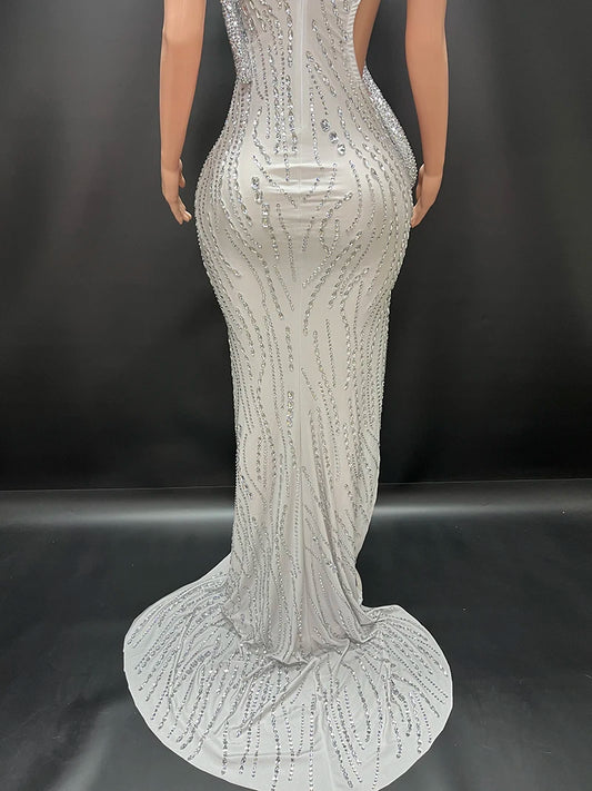 Novance Sparkle Rhinestones Dress/One Shoulder Slit Evening Dress/Floor Length Backless Slit Luxury Event Dress.
