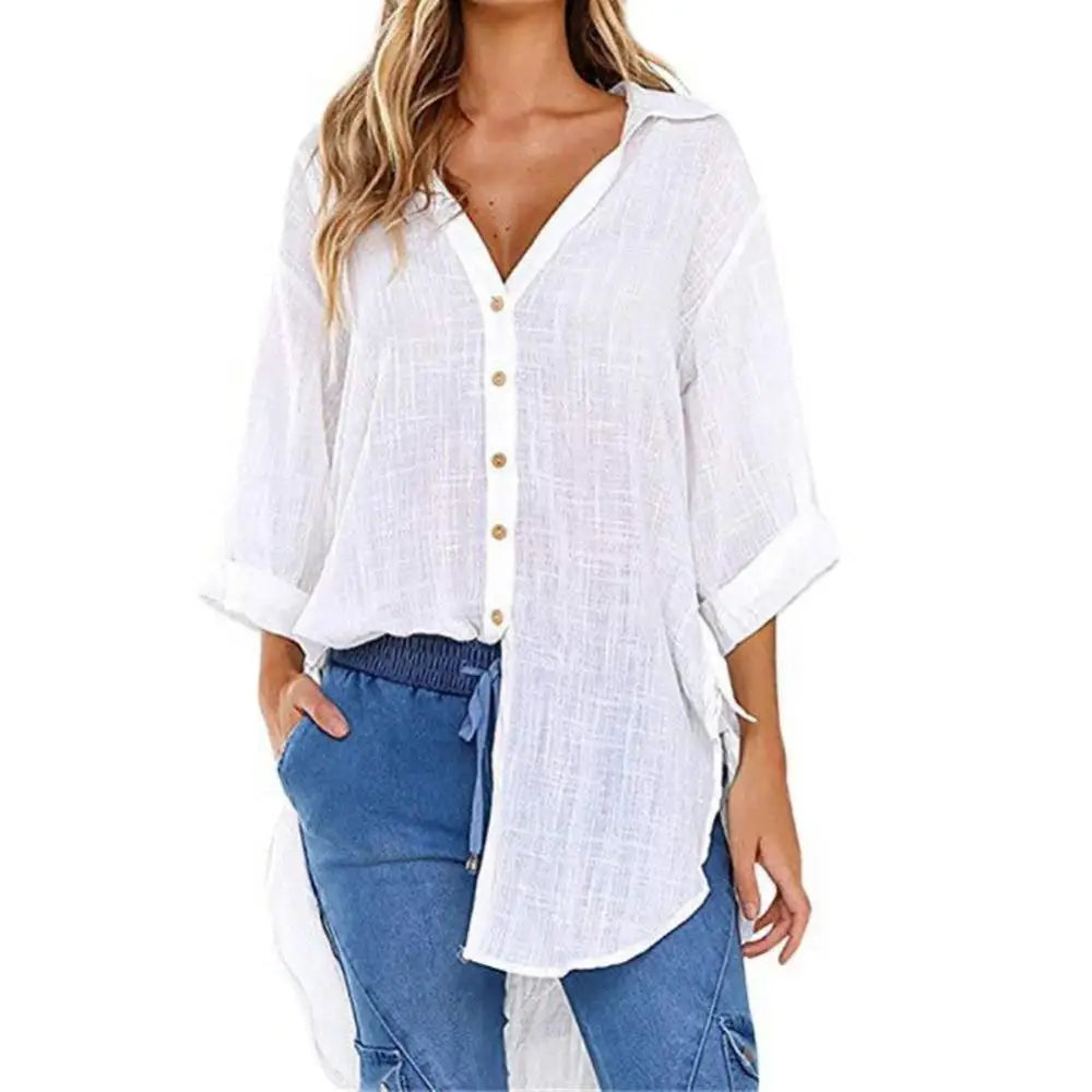 Oversized Button Down Blouses/Linen Shirts Women/Irregular Hem Belt Buttons Top/Woman Turn Down Collar.