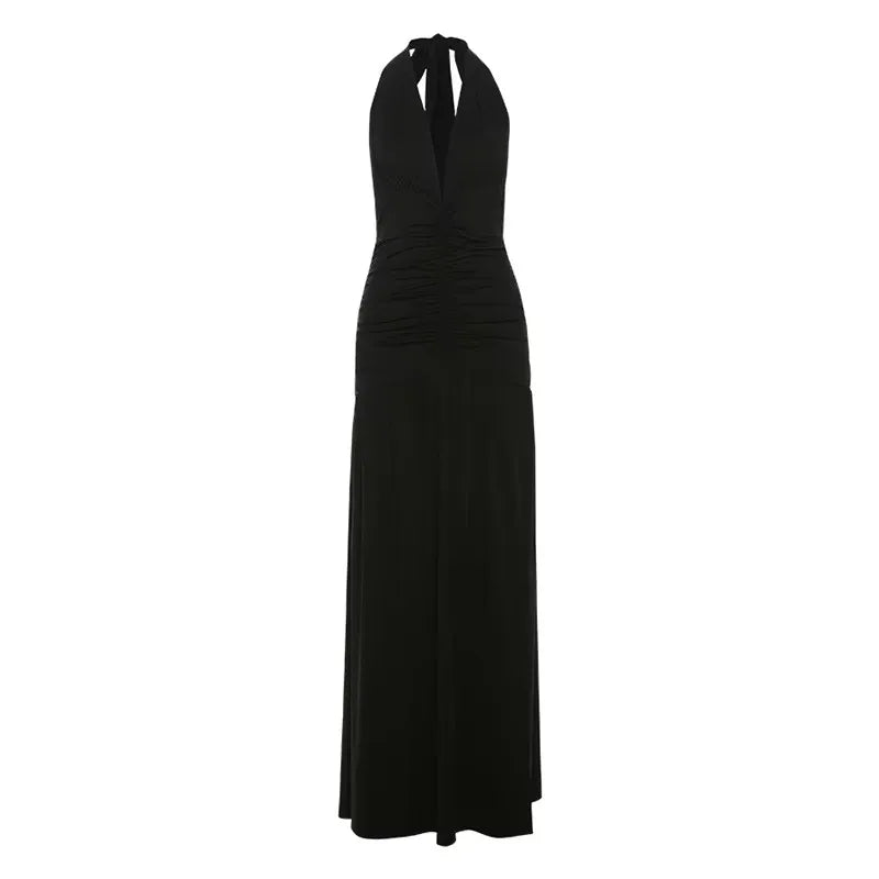 Long Halter Maxi Dress/Deep V Neck Backless Maxi Dress/Solid Sleeveless Thigh/High Split Dress/All Occasional.