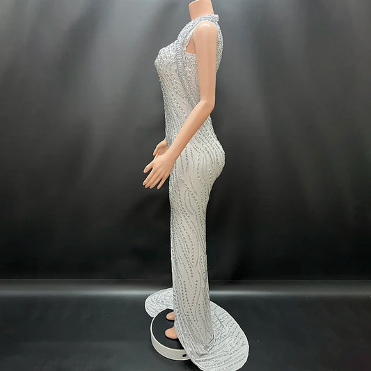 Novance Sparkle Rhinestones Dress/One Shoulder Slit Evening Dress/Floor Length Backless Slit Luxury Event Dress.