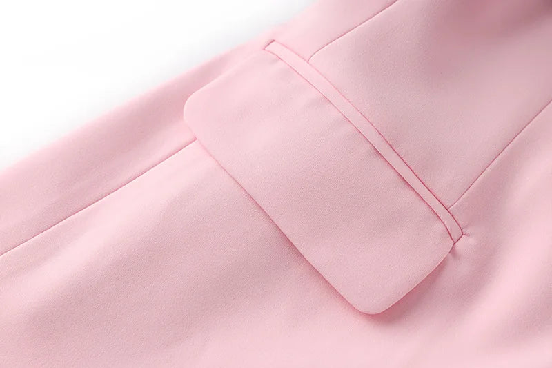 New Arrival Elegant Blossom Pink Office Work Suit/Double-breasted Long Sleeve Fitted Blazer/A-line Pencil Mini Skirt Women 2Pcs Set.