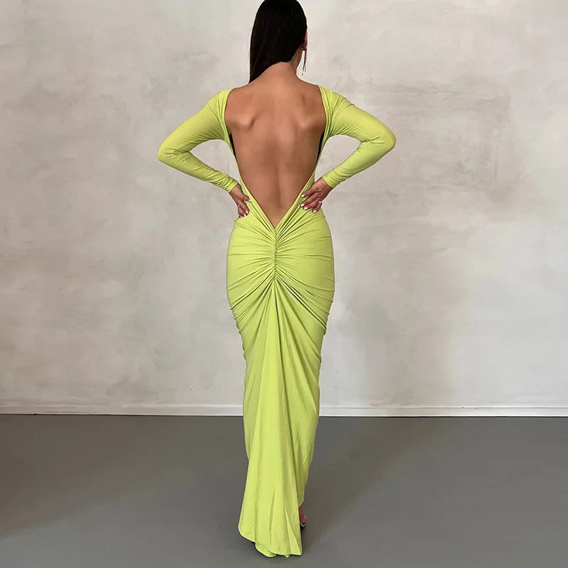 Long-Sleeve Backless Bodycon Maxi Dress Solid Cuched Sexy Design/Natural Digital.