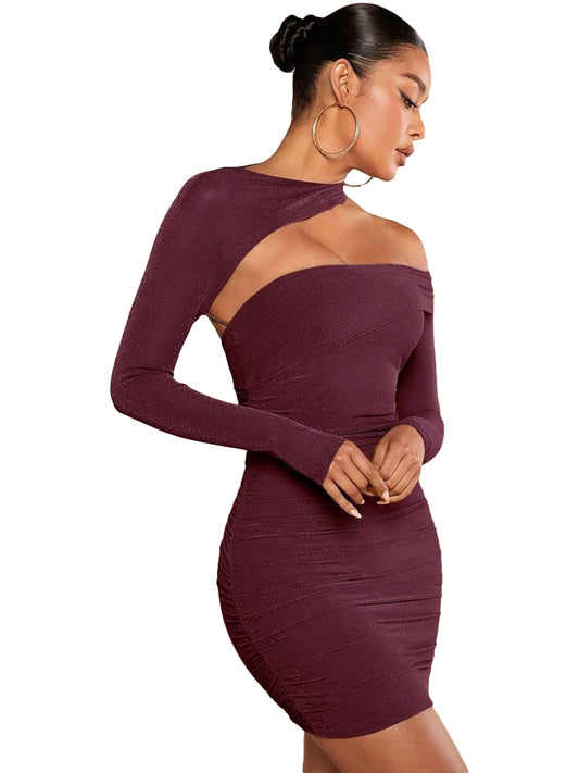 Elegant Bordeaux One-Shoulder Cutout Ruched Bodycon Mini Dress