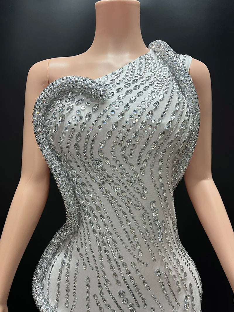 Novance Sparkle Rhinestones Dress/One Shoulder Slit Evening Dress/Floor Length Backless Slit Luxury Event Dress.